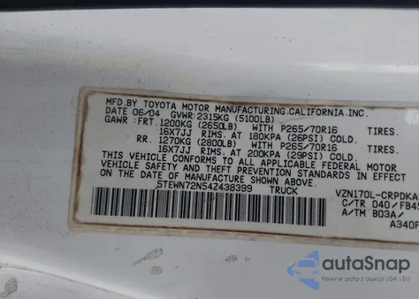 2004 Toyota Tacoma Base V6 z USA, uszkodzony, nr VIN 5TEWN72N54Z438399